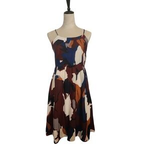 Loft Petites Abstract Print Sundress Burgundy Blue Orange Rayon Size 8P
